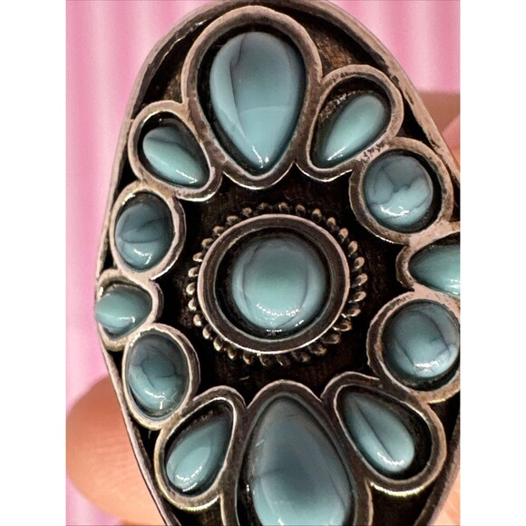 Size 10 Turquoise Statement Ring Western Boho Cluster Style, Silver Tone Band - Picture 4 of 6